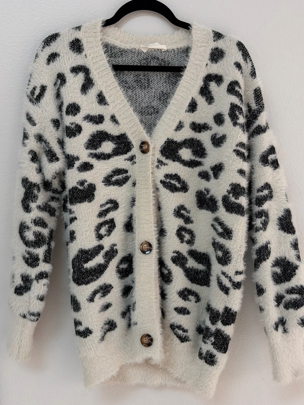 Goodnight Macaroon White and Black Leopard Print Fuzzy Cardigan Sweater